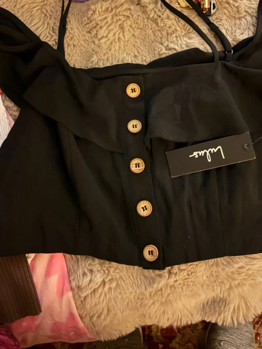 NWT Lulu's Black Off-Shoulder Ruffle Button Crop Camisole Top - Picture 5 of 8